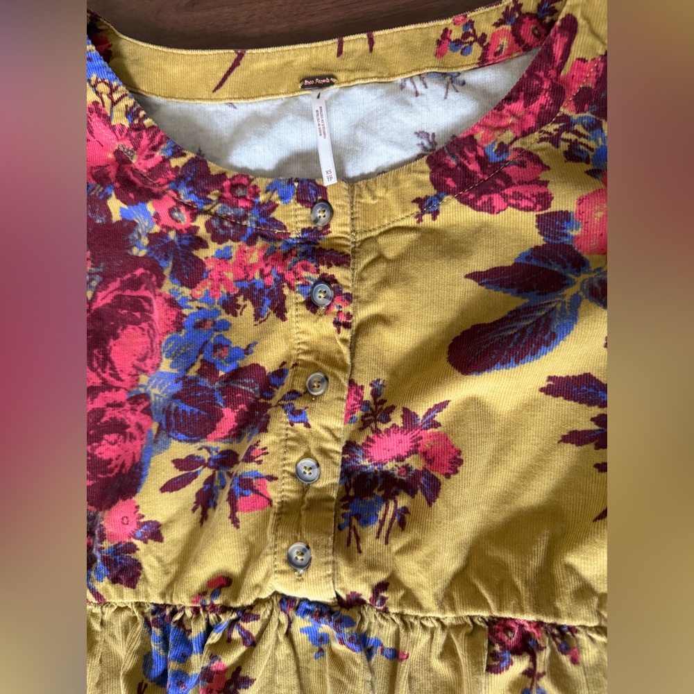 FREE PEOPLE | XS | Harper corduroy floral tiered mini dress top mustard Prairie - Picture 8 of 8